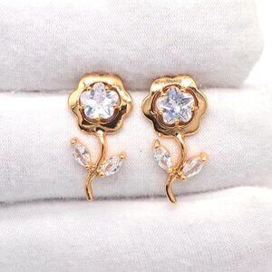 18K Gold Plated Flower Stud Earrings zircons party wedding special ocasion